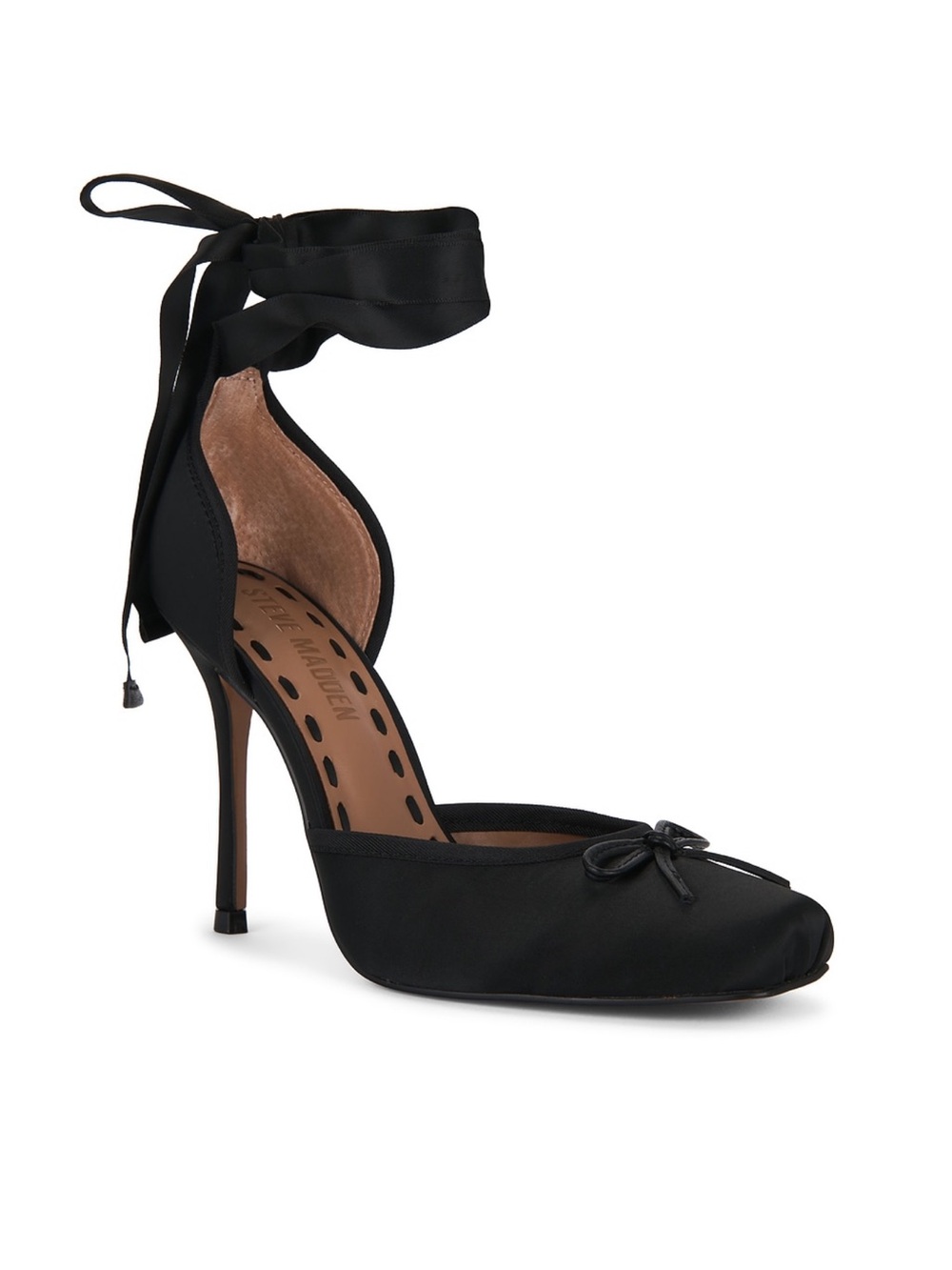 Steve Madden Black Satin Tie-Detail Square-Toe Heels